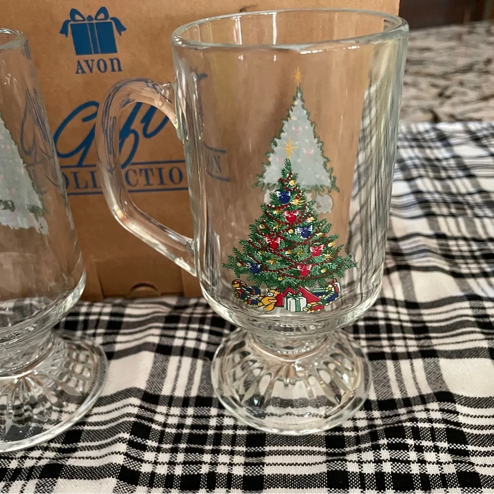 Vintage 1995 Avon Glass Glasses Christmas Irish Coffee Mug Set of 2 BRAND NEW